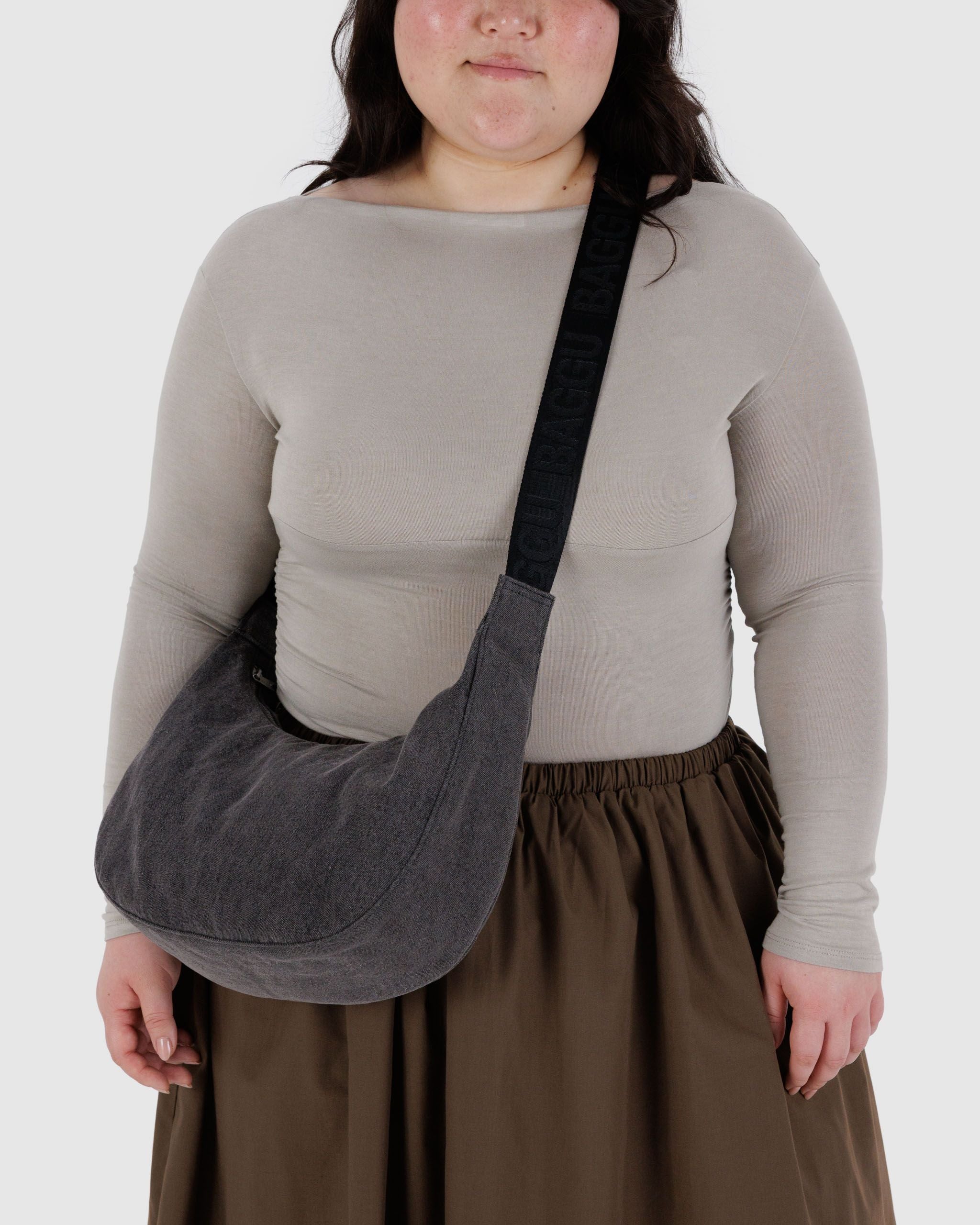 Medium Denim Crescent Bag - Washed Black Denim