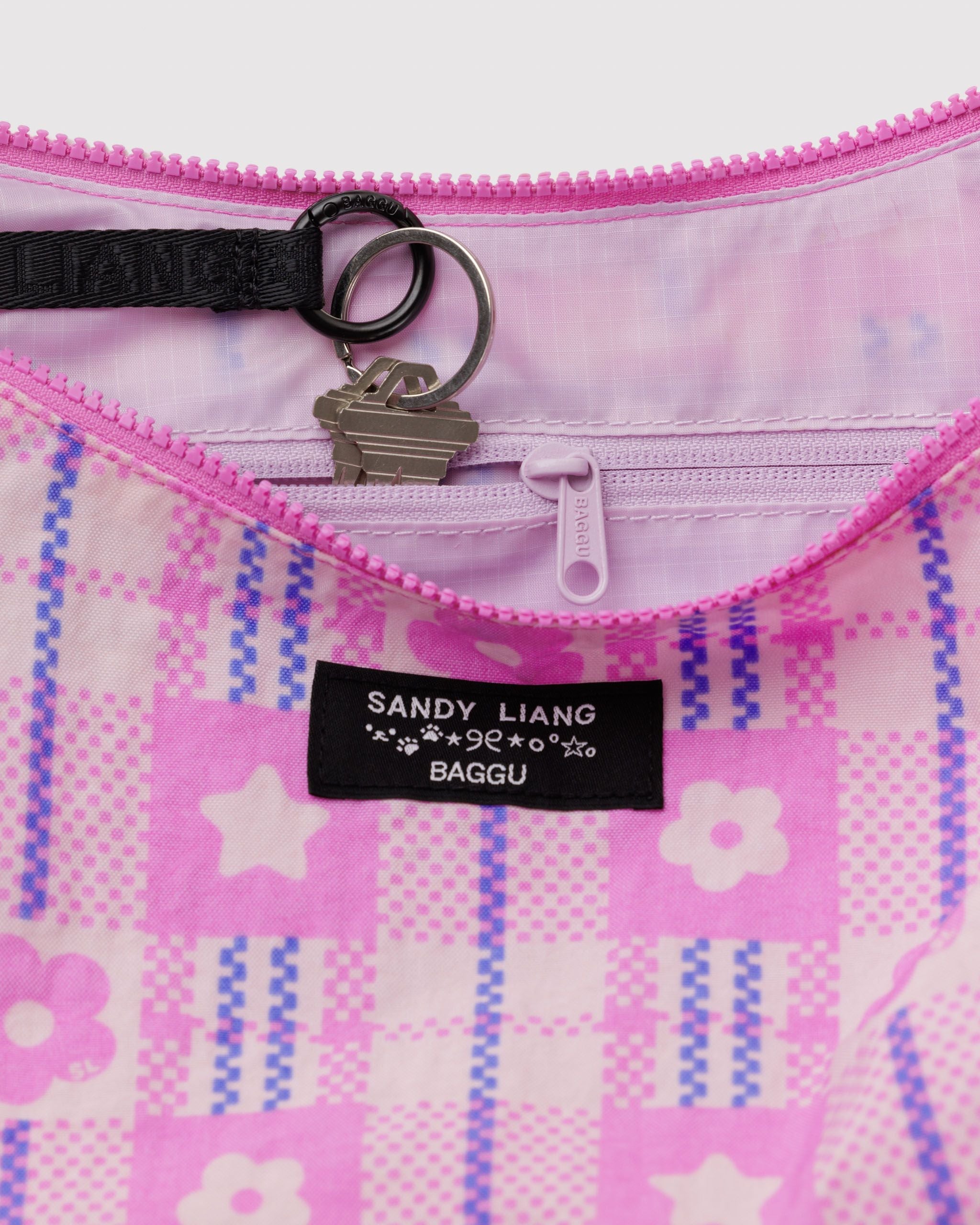 Medium Nylon Crescent Bag - Market Plaid Pink